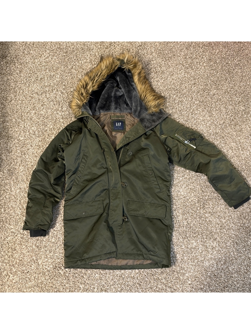 GAP Olive Green Faux Fur Hooded Parka Jacket Y2K XS